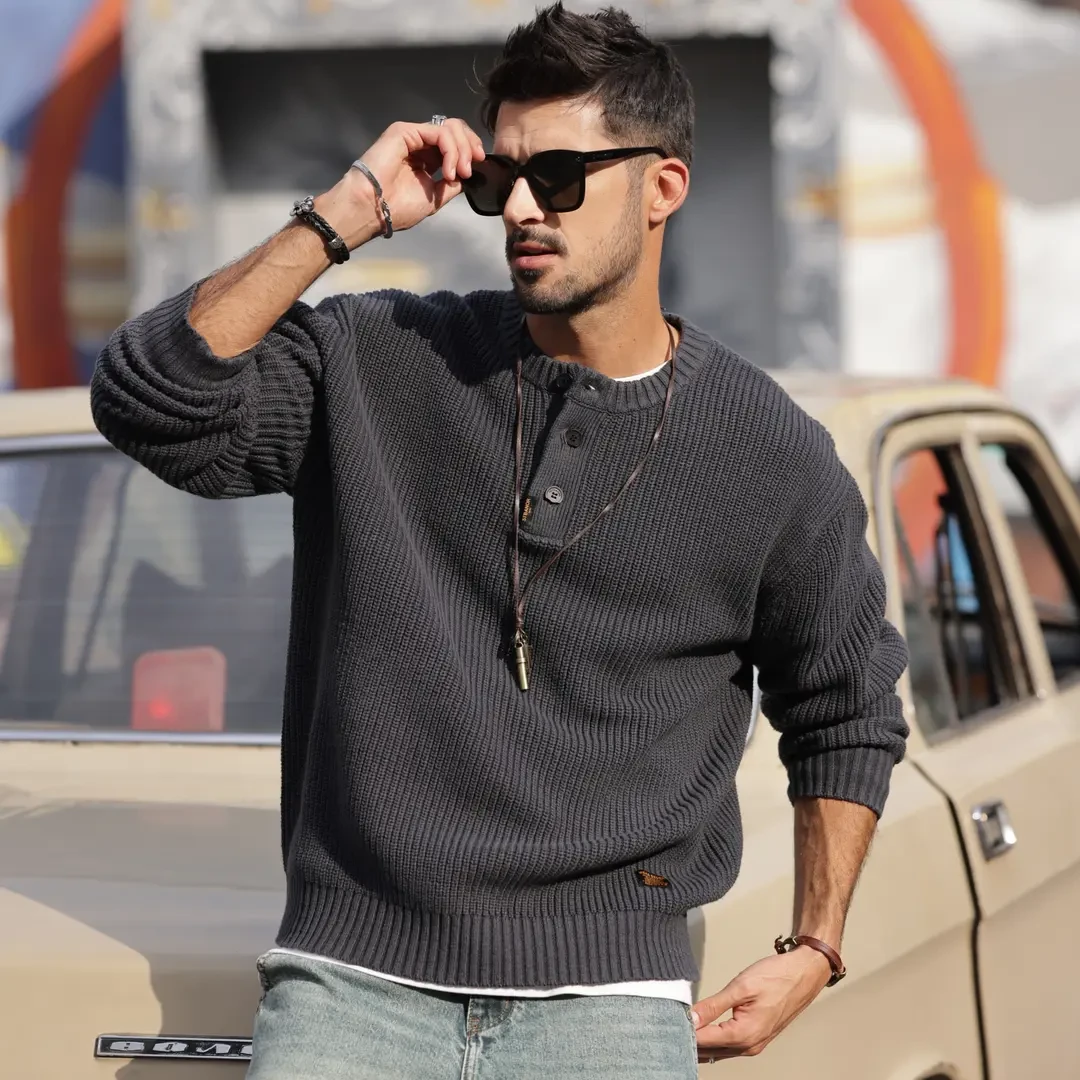 赤单M8903男士百搭休闲美式菠萝纹粗针毛衣重磅复古圆领针织衫