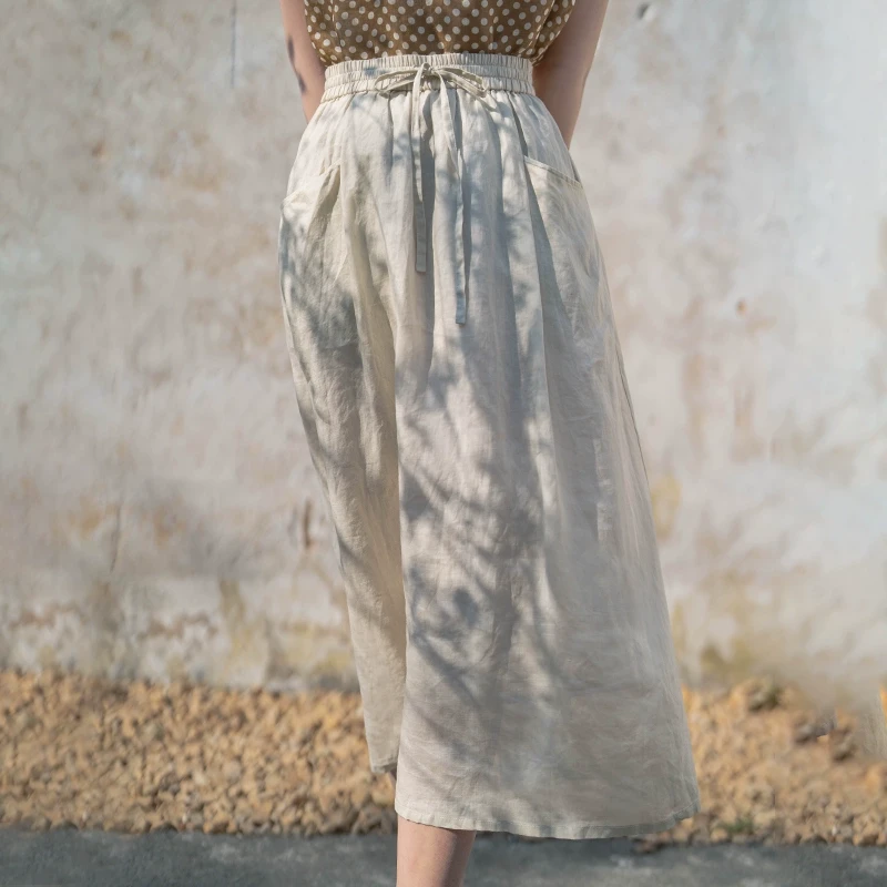 原创新品42支100%苎麻松紧腰百褶休闲文艺A摆半裙 与风同去三