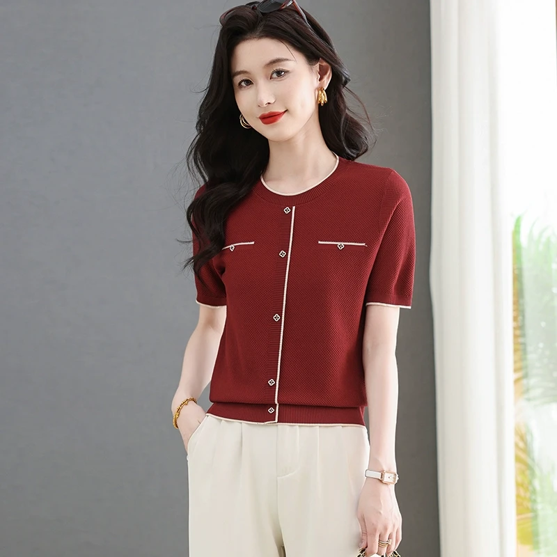 小香风洋气圆领针织短袖t恤女士夏季新款宽松显瘦遮肉冰丝上衣服T