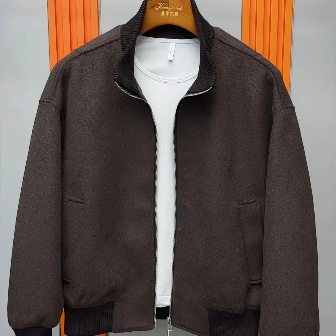 新款男士立领加绒加厚时尚潮流复古羊毛呢夹克外套秋