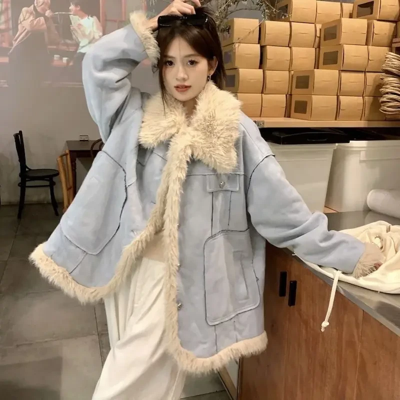 大码胖MM秋冬款外套毛绒拼接翻领冬季中长款加厚夹棉保暖女装外套