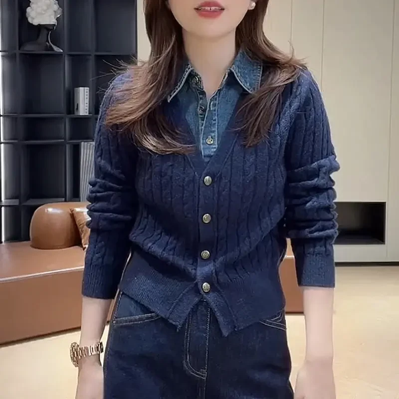 韩系假两件毛衣衬衫女春秋2025新款设计感小众宽松慵懒针织衫上衣