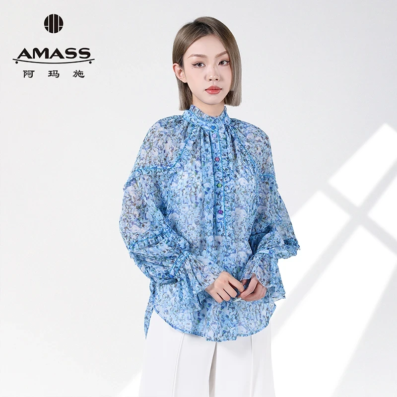 AMASS阿玛施早春新款女长袖休闲通透花纱度假风衬衫衬衣女5300702