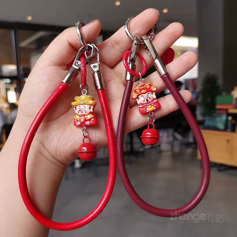 双域招财手机挂绳新年红财神铃铛挂件金属手腕绳中国风防丢挂饰