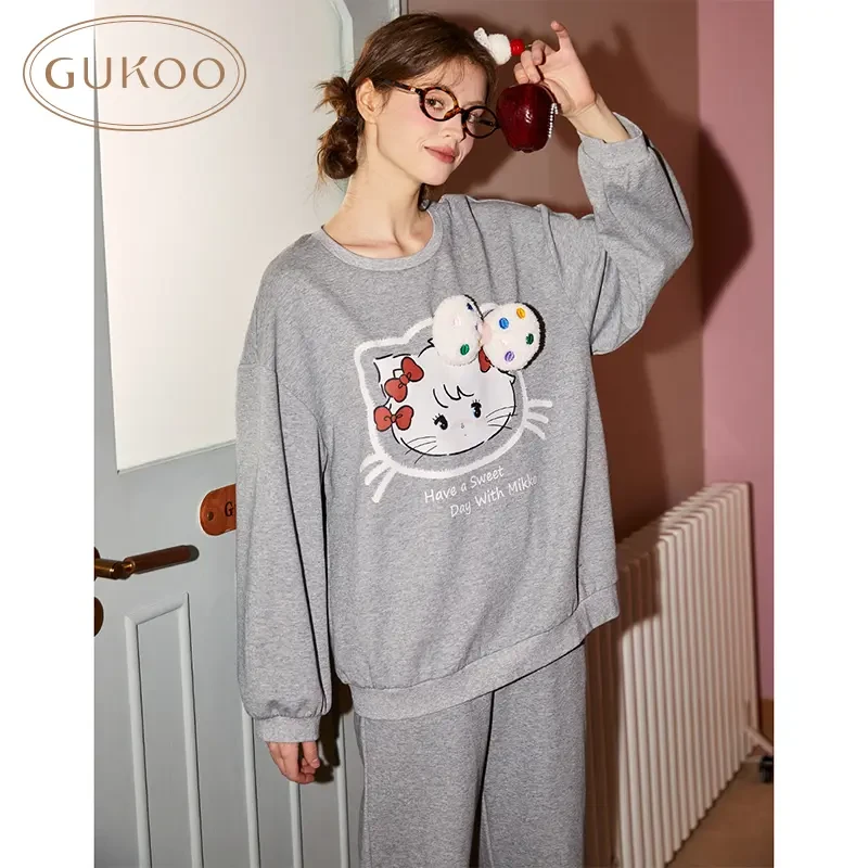 Gukoo/果壳mikko春季新款宽松立体蝴蝶结长袖家居服套装纯棉圆领