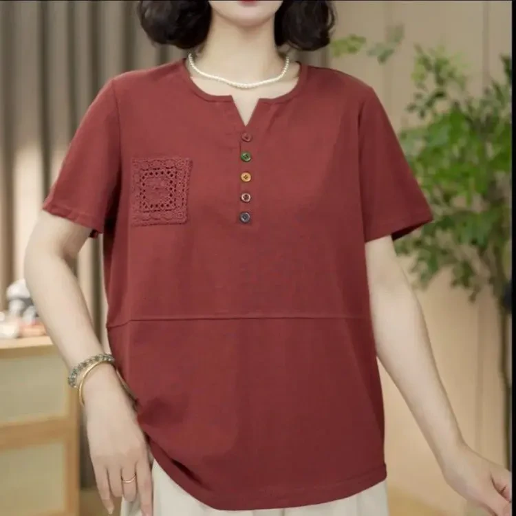 夏季薄款休闲气质宽松大码时尚洋气中老年纯色圆领中年妈妈装