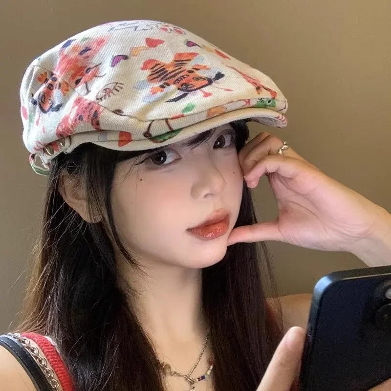 美术生~日系可爱涂鸦前进帽春夏薄款复古贝雷帽子女百搭画家帽潮