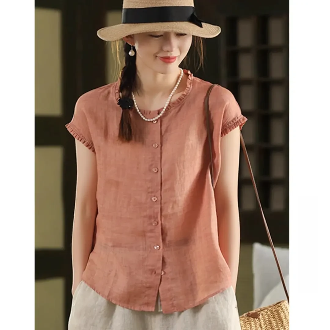 【100%苎麻】女士文艺夏季透气苎麻衬衫气质短袖衬衣薄款上衣10022