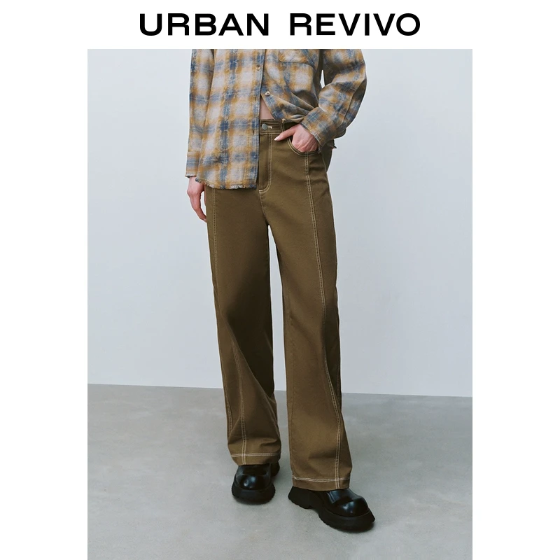 UR2025秋季新款女装复古雅丹风撞色明线休闲直筒裤UYL650002