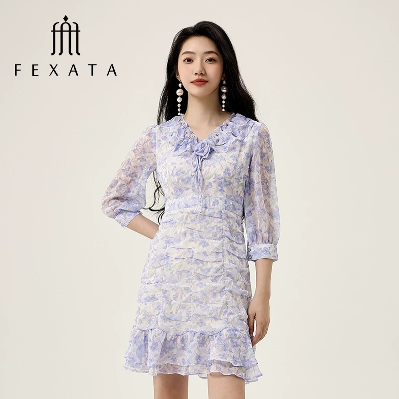 【老板娘夏天】FEXATA斐格思鱼尾裙摆印花雪纺裙碎花连衣裙