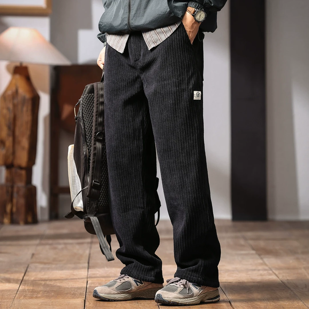 格蓝鹿高端粗纹灯芯绒休闲裤男春秋加绒宽松大码条绒直筒阔腿裤子