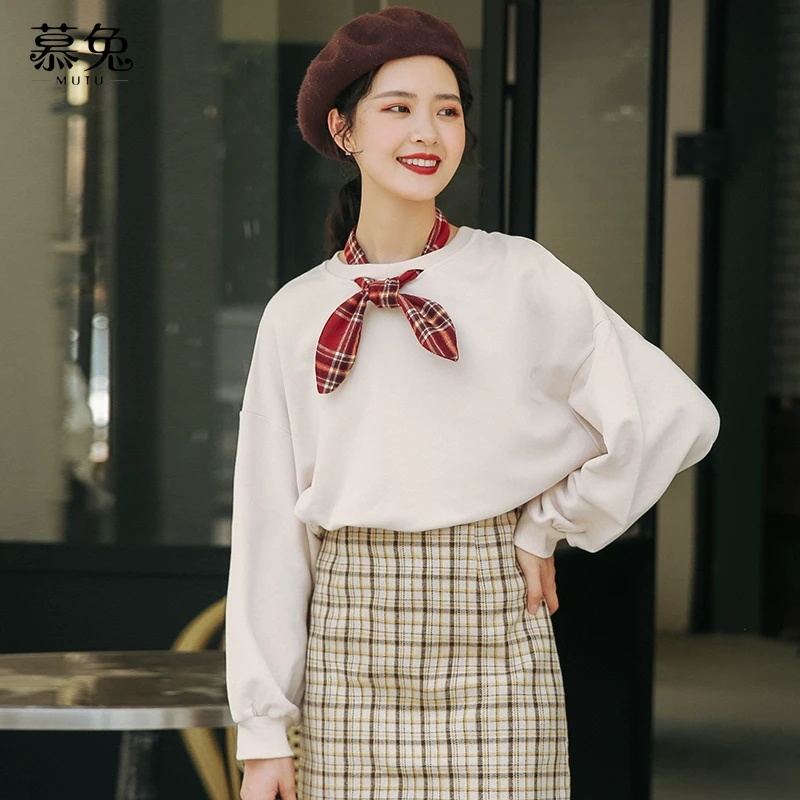 慕兔格子拼接卫衣女2024新款秋季薄韩版慵懒风长袖宽松上衣ins潮