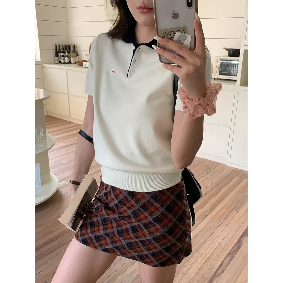 韩系减龄刺绣小狗翻领短袖t恤女夏季新款小个子显瘦休闲套头上衣