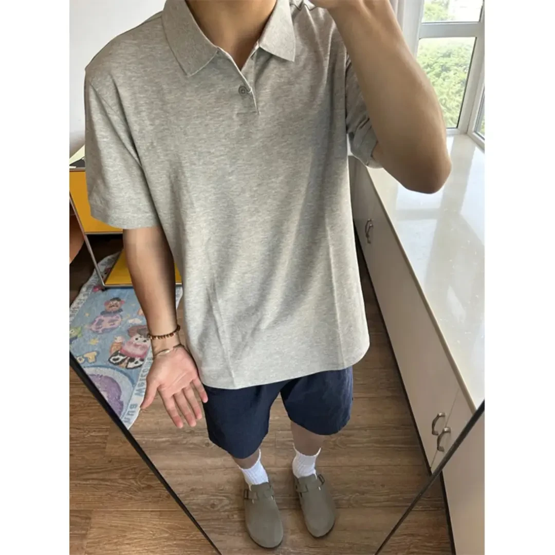 花灰色polo衫短袖男款夏季正肩美式复古衬衫领T恤宽松休闲半截袖