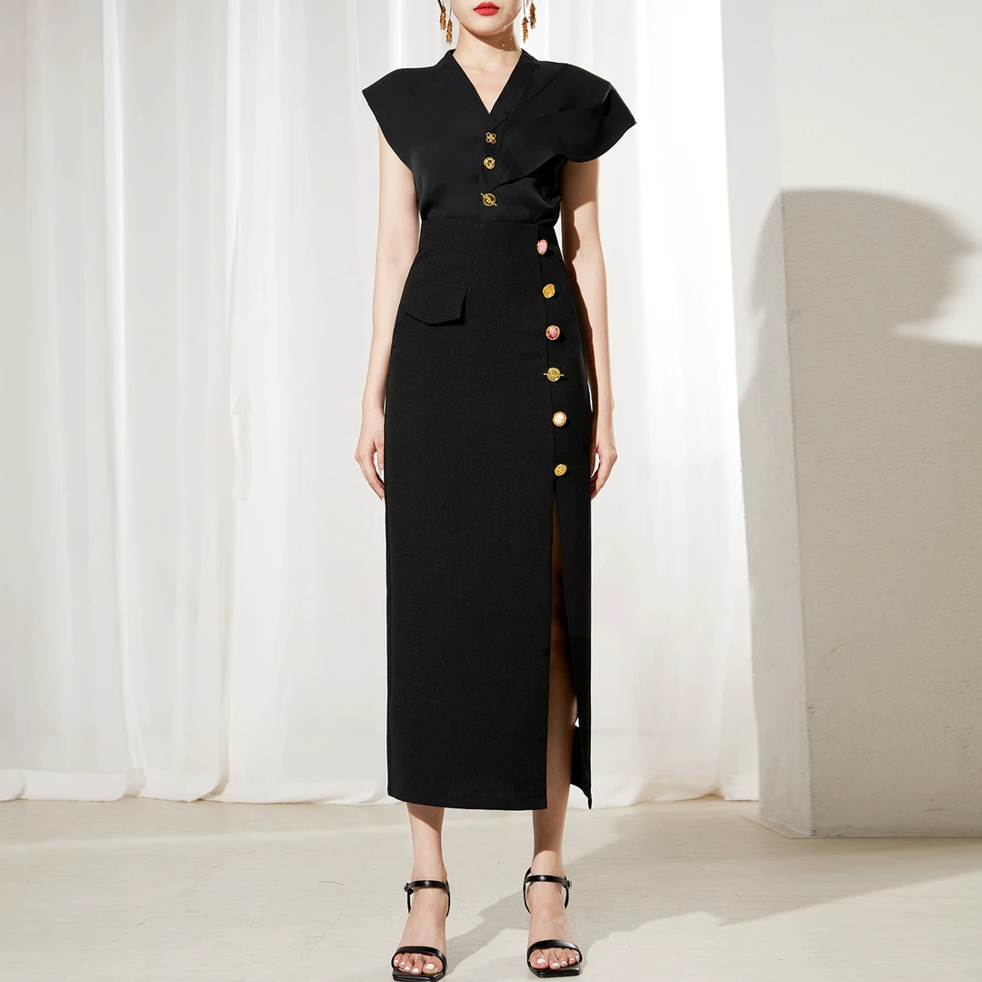 【AUI专属】AUI黑色气质V领职业套装女2024新款夏半身裙-24W144338