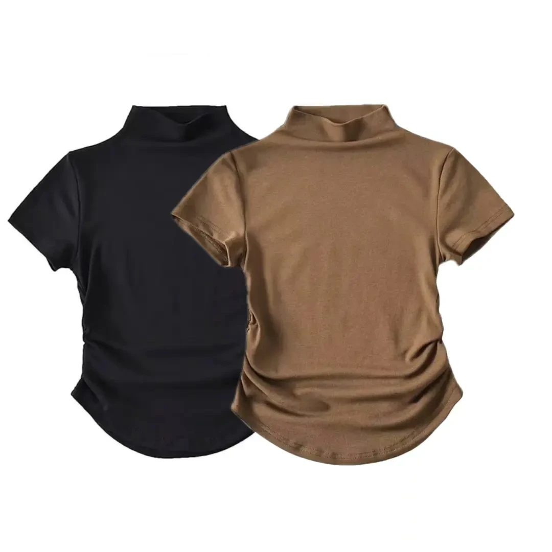 莫代尔春夏新款大码半高领褶皱收腰短袖T恤洋气打底修身纯色上衣