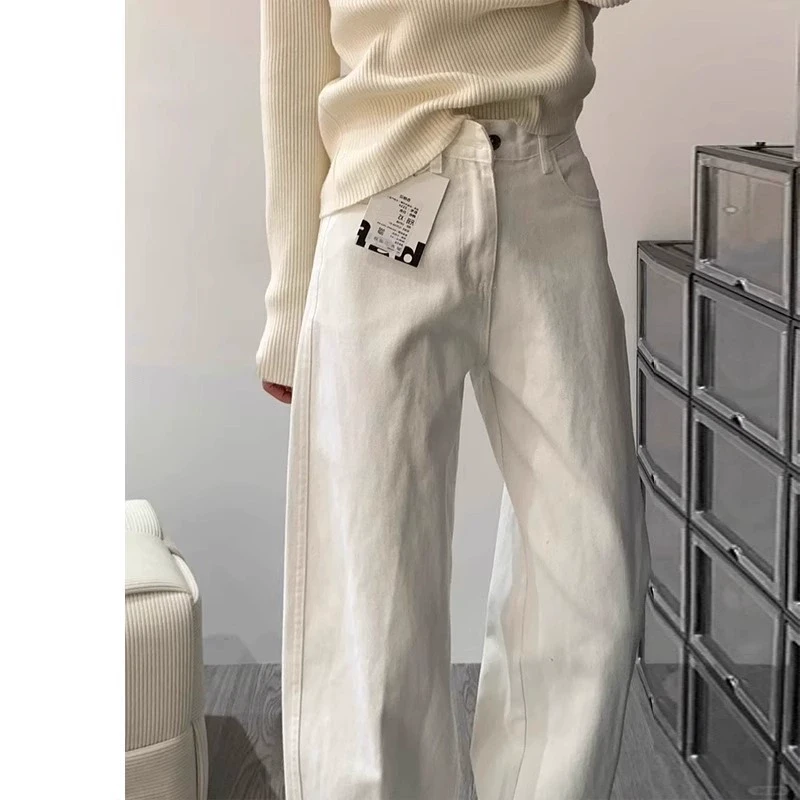 雪千羽白色窄版阔腿牛仔裤女夏2025新款高腰垂感宽松小个子直筒裤