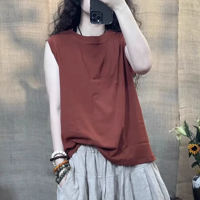 9121夏季新款水洗纯棉休闲百搭纯色无袖背心圆领T恤(长62胸围108)