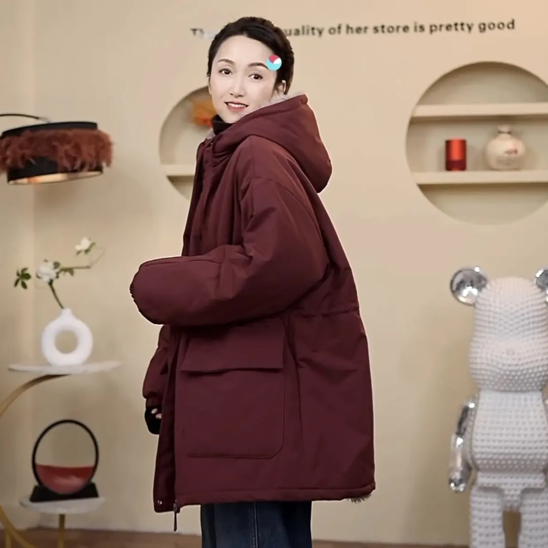 收腰连帽显瘦韩版棉服外套女新款时尚中长款宽松加绒加厚保暖拉链