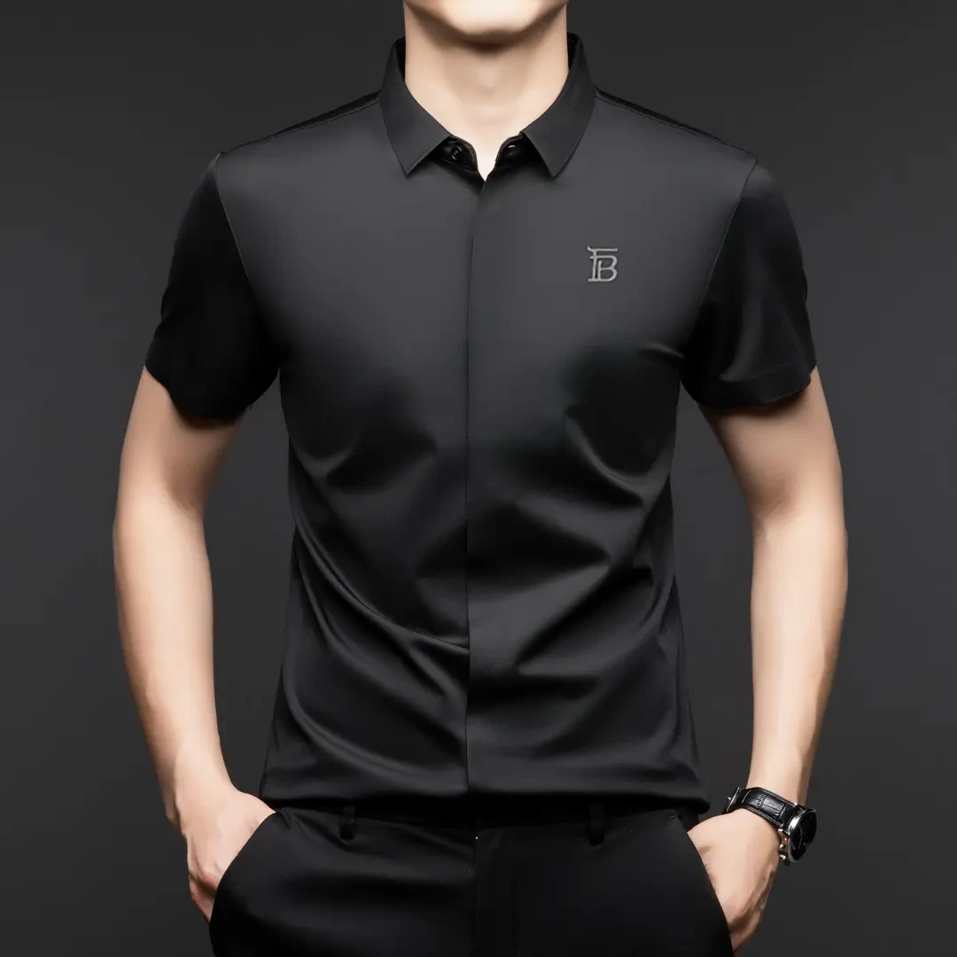 欧洲巴家断码轻奢夏季无痕暗门襟桑蚕丝衬衫男高档冰丝薄款衬衣