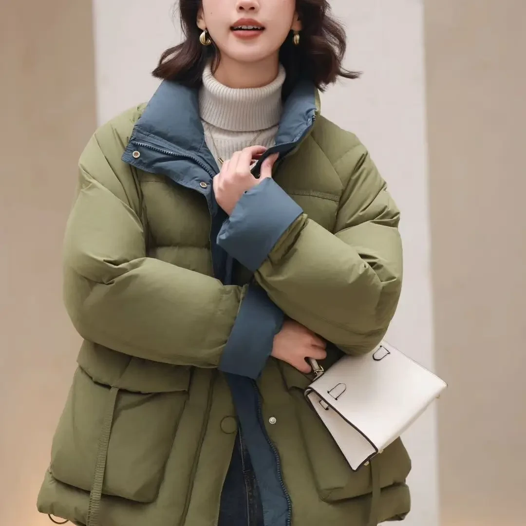 中长款立领羽绒服白鸭绒女韩版宽松撞色保暖冬季新款外套