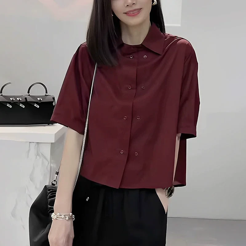 女士短袖红色衬衫2025夏季宽松型显瘦时尚减龄短款高级感气质上衣