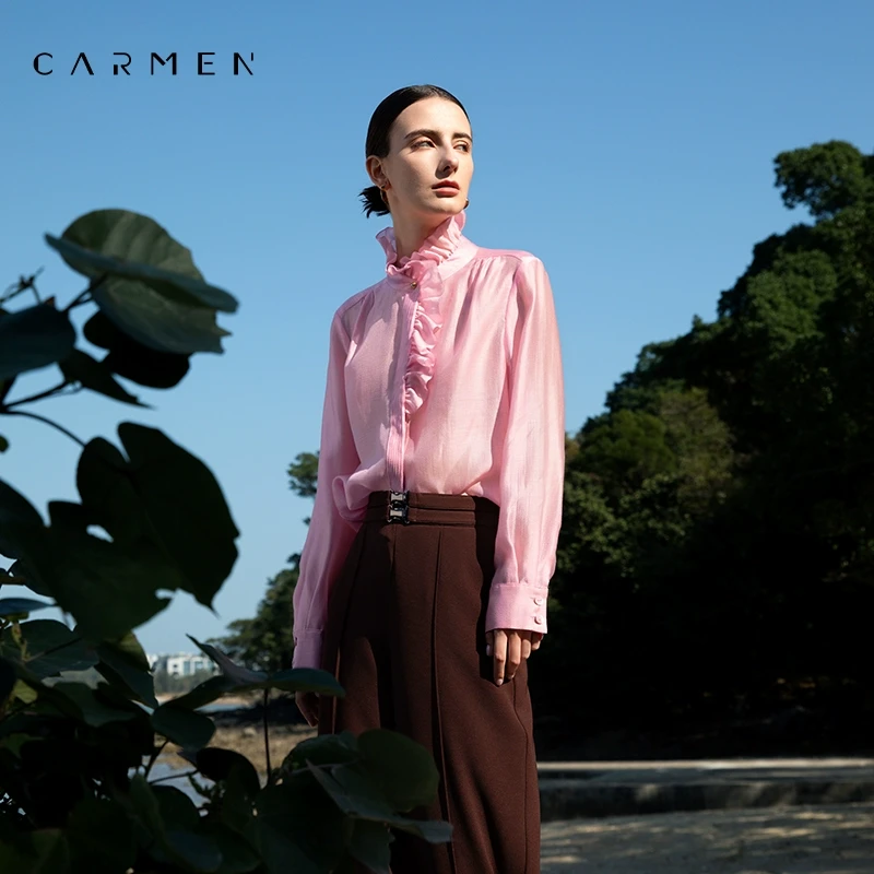 Carmen法式高级感粉色立领长袖衬衫女上衣2024秋荷叶边OL气质衬衣