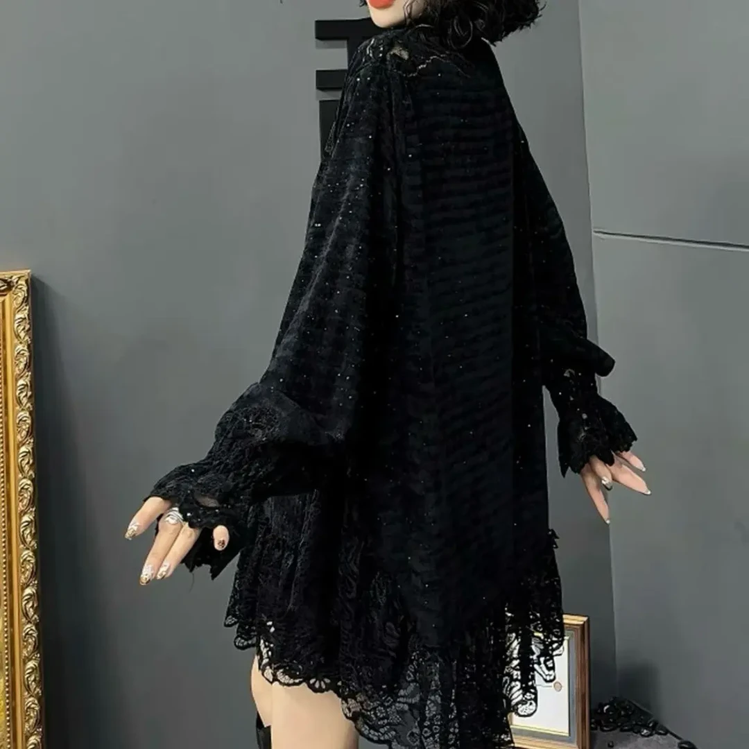 欧美风拼接蕾丝宽松中长款上衣洋气减龄百搭遮肉显瘦