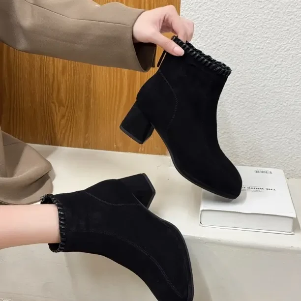 秋冬6027气质粗跟勃肯靴方头时尚短靴加绒黏胶秋冬高跟中跟