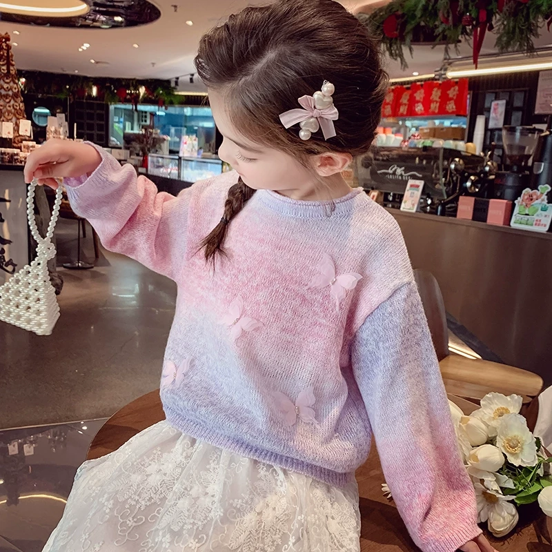 【心跳的频率】米米哈罗女童立体蝴蝶渐变色长袖针织毛衣套装C25127