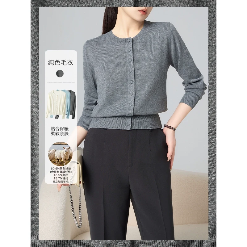 老敏哥【简练随性】春季新款不扎人金银线圆领羊毛针织衫女6W183