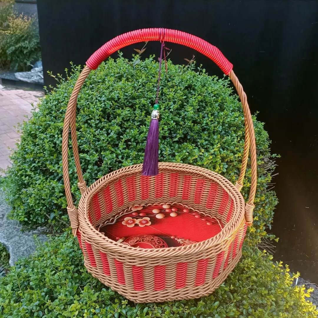 购物篮收纳筐圆形竹编买菜藤编野餐篮菜篮子提篮子