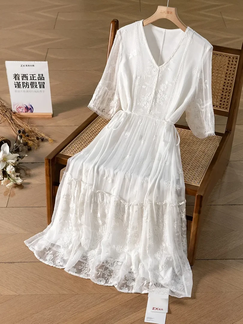ZHUOXI/着西100%桑蚕丝刺绣连衣裙收腰夏季2Q77001