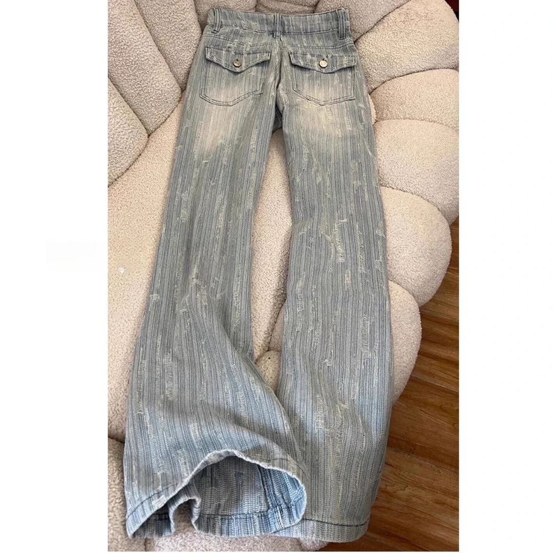 美式浅色微喇牛仔裤女春季2025年新款高腰不贴腿马蹄提花喇叭裤子