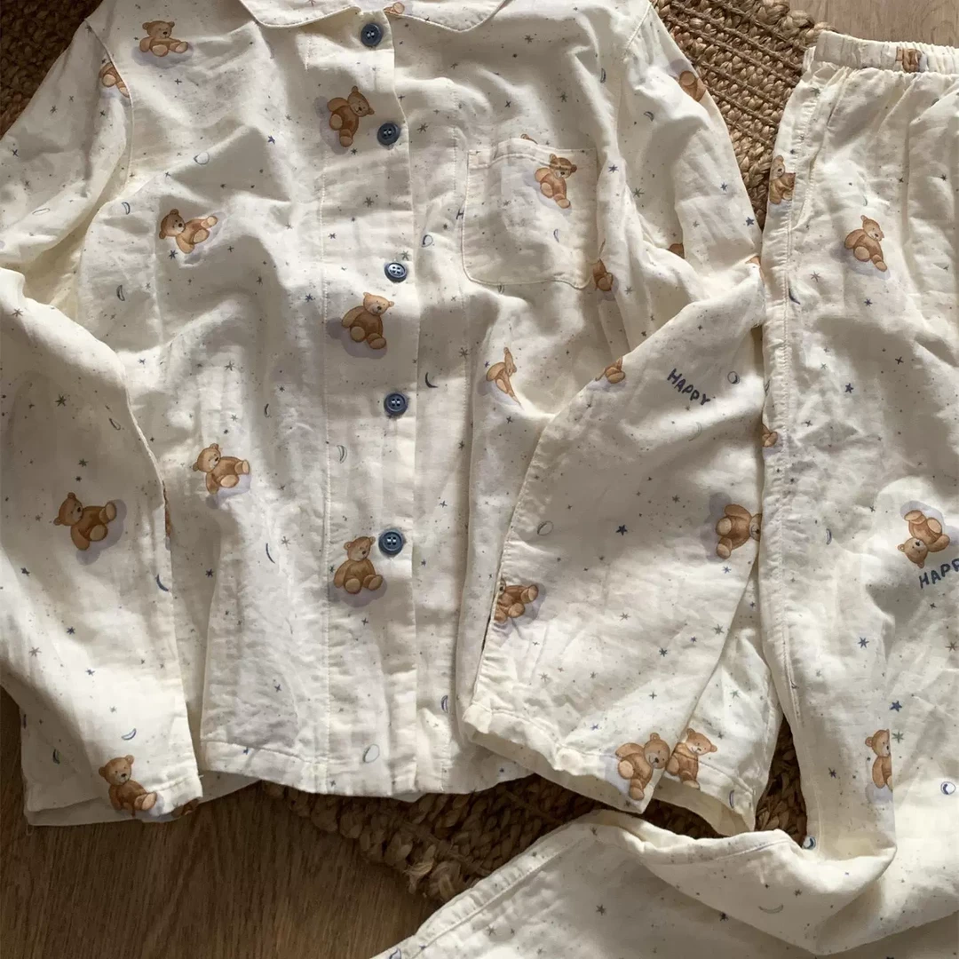 韩版可爱卡通小熊印花翻领睡衣套装春秋女款2025大码家居服可外穿