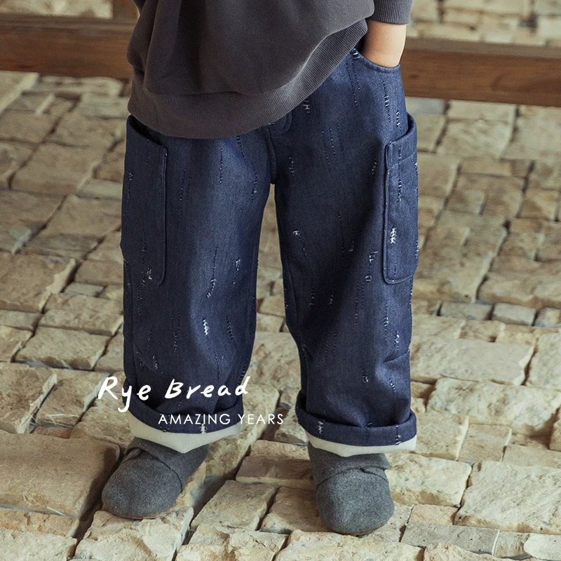 ryebread/黑面包童装 怀旧男小童软牛仔宽松加绒休闲牛仔裤4冬
