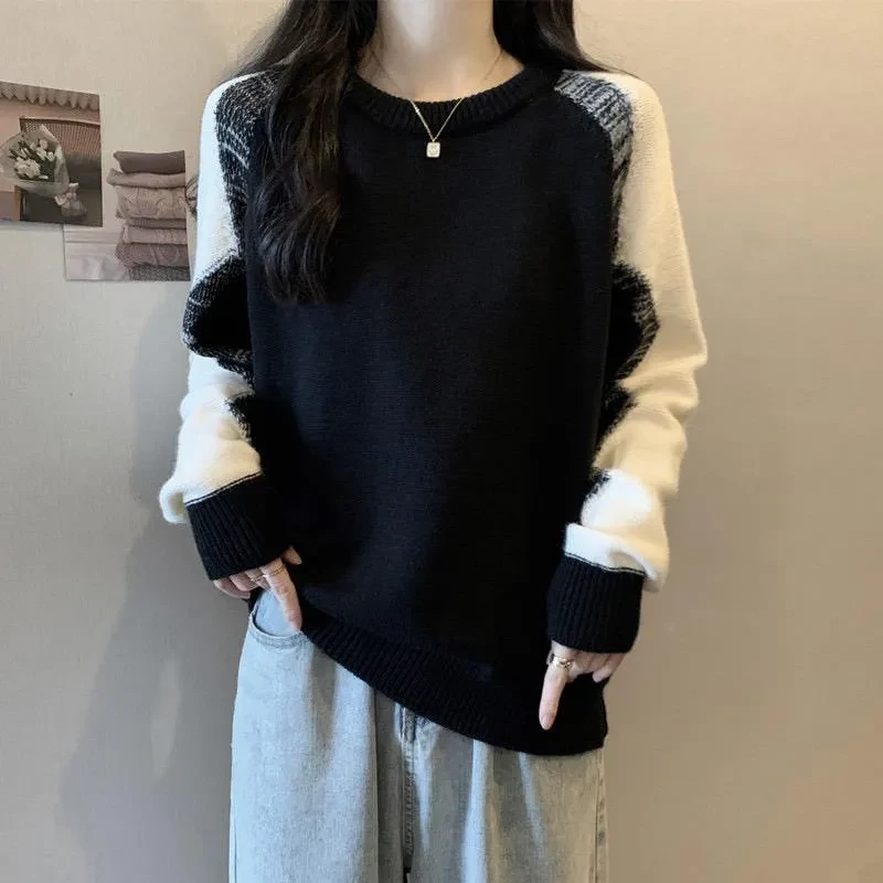 慵懒风插肩撞色针织衫毛衣女秋冬微胖大码宽松显瘦洋气打底衫上衣