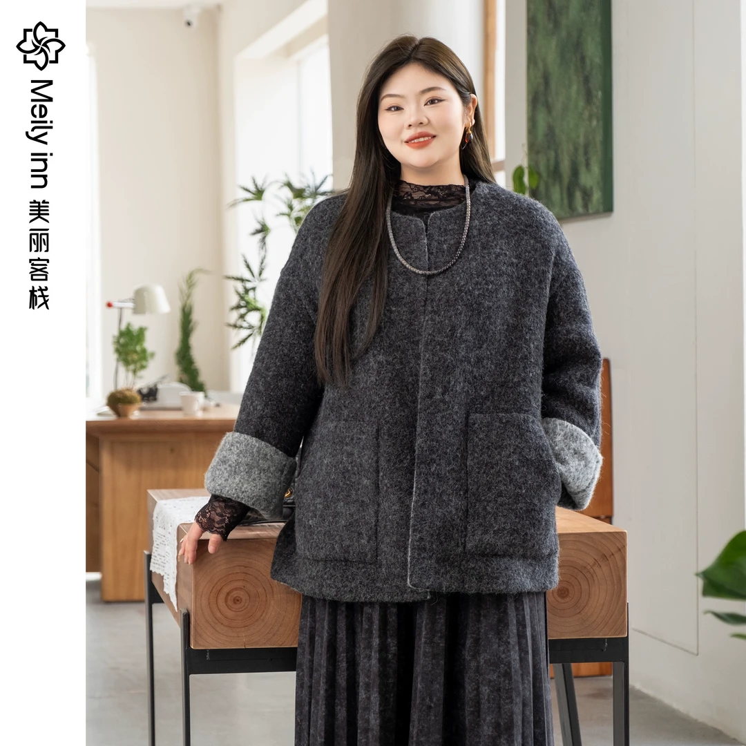 【羊驼毛羊毛混纺面料】美丽客栈双面呢短款毛呢外套大衣大码女装