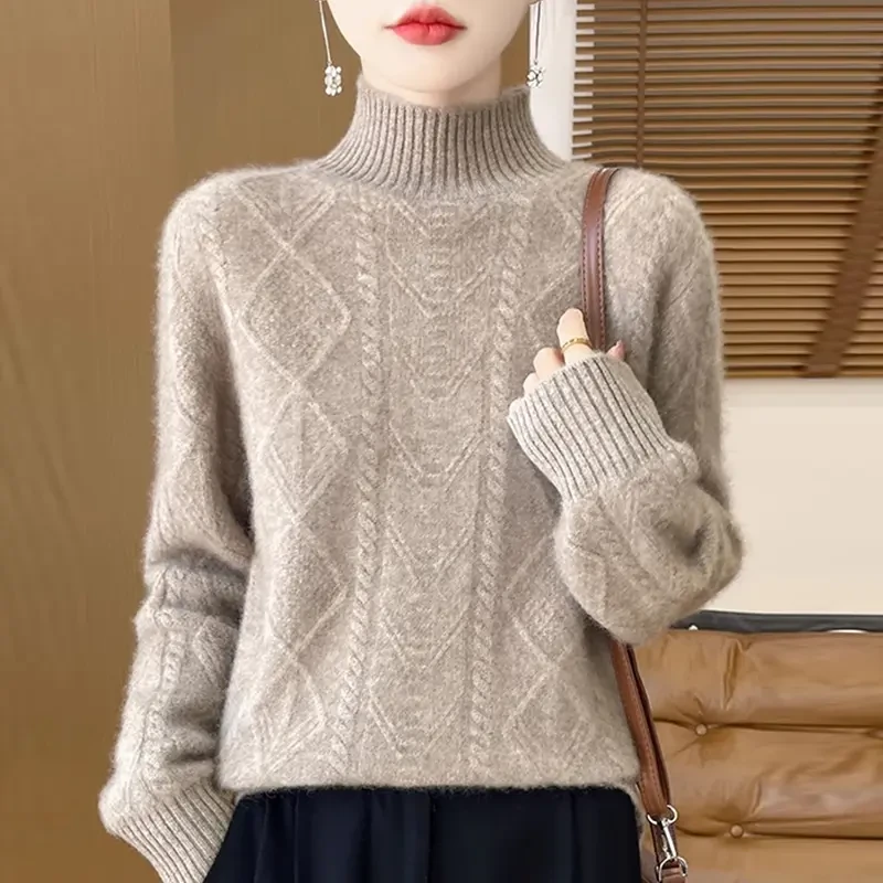 鄂尔多斯市100%纯羊毛衫女半高领宽松加厚保暖打底衫秋冬羊绒毛衣