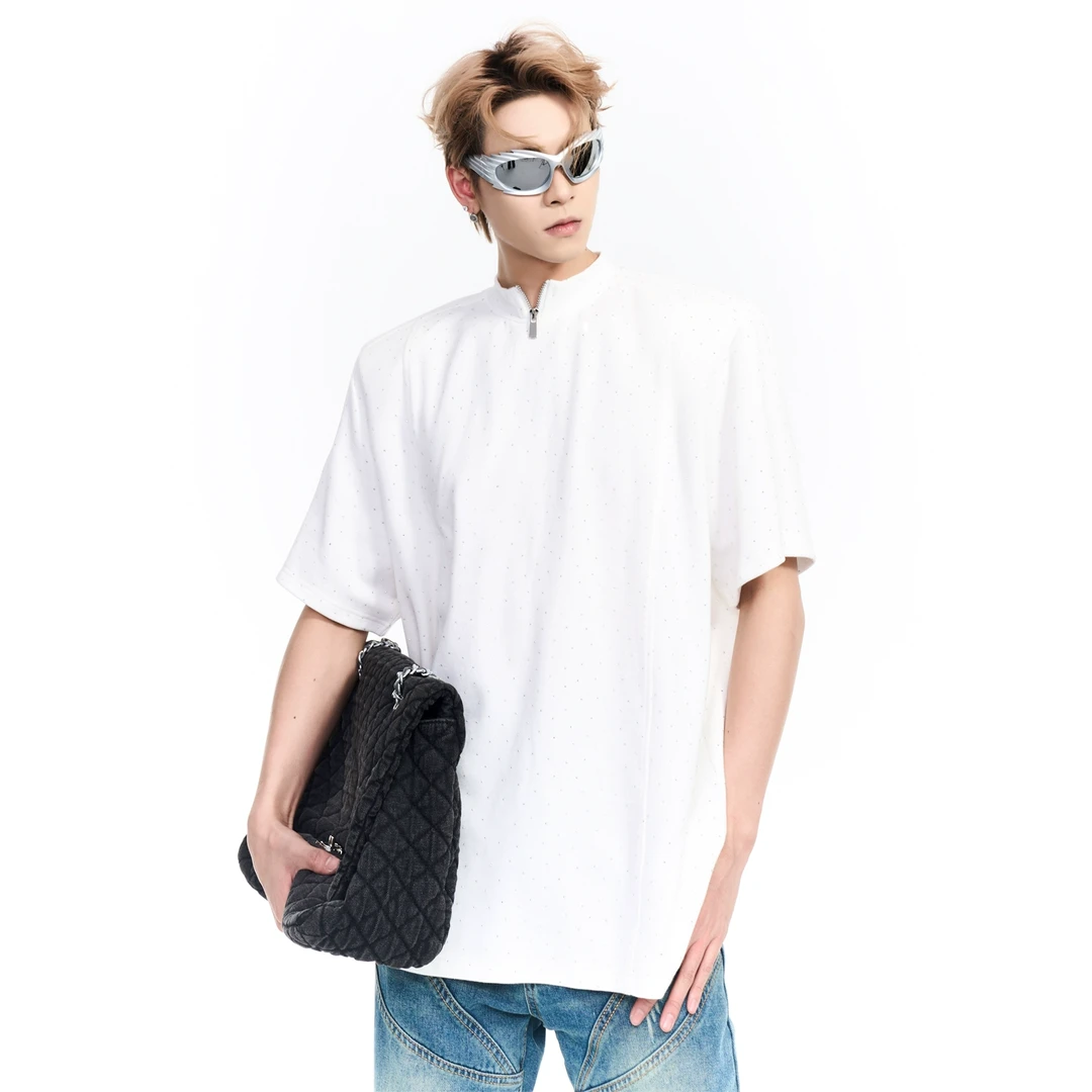 小瘦子男装 小众高级感满天星烫钻短袖T恤男拉链设计圆领上衣夏