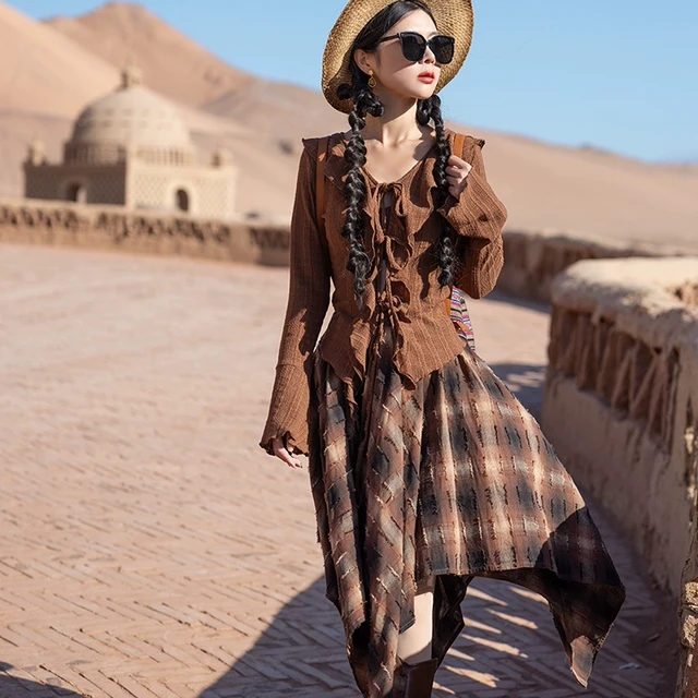 理想三旬女装复古流浪废土风小众设计不规则扎染格子半身裙短裙