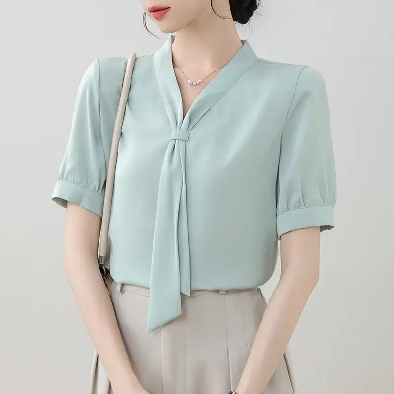 法式气质飘带短袖衬衫雪纺上衣女夏季新款设计高级感白色衬衣小衫