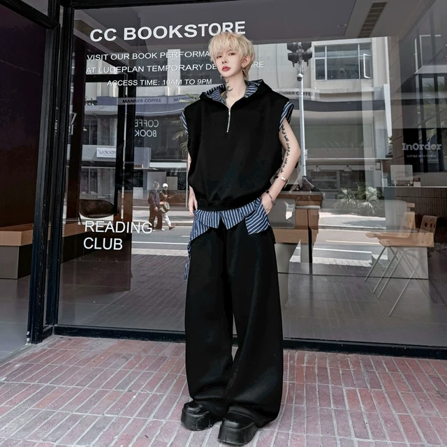 2025夏季韩系穿搭条纹拼接连帽撞色垫肩马甲套装男阔腿长裤两件套