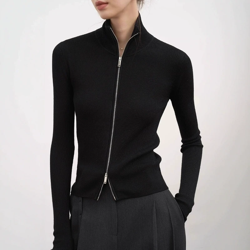 黑色双拉链立领针织开衫外套女秋冬修身半高领毛衣内搭打底衫上衣
