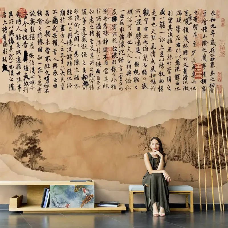 2025新款中式艺术字复古兰亭序书法壁纸客厅电视背景墙纸酒店壁画