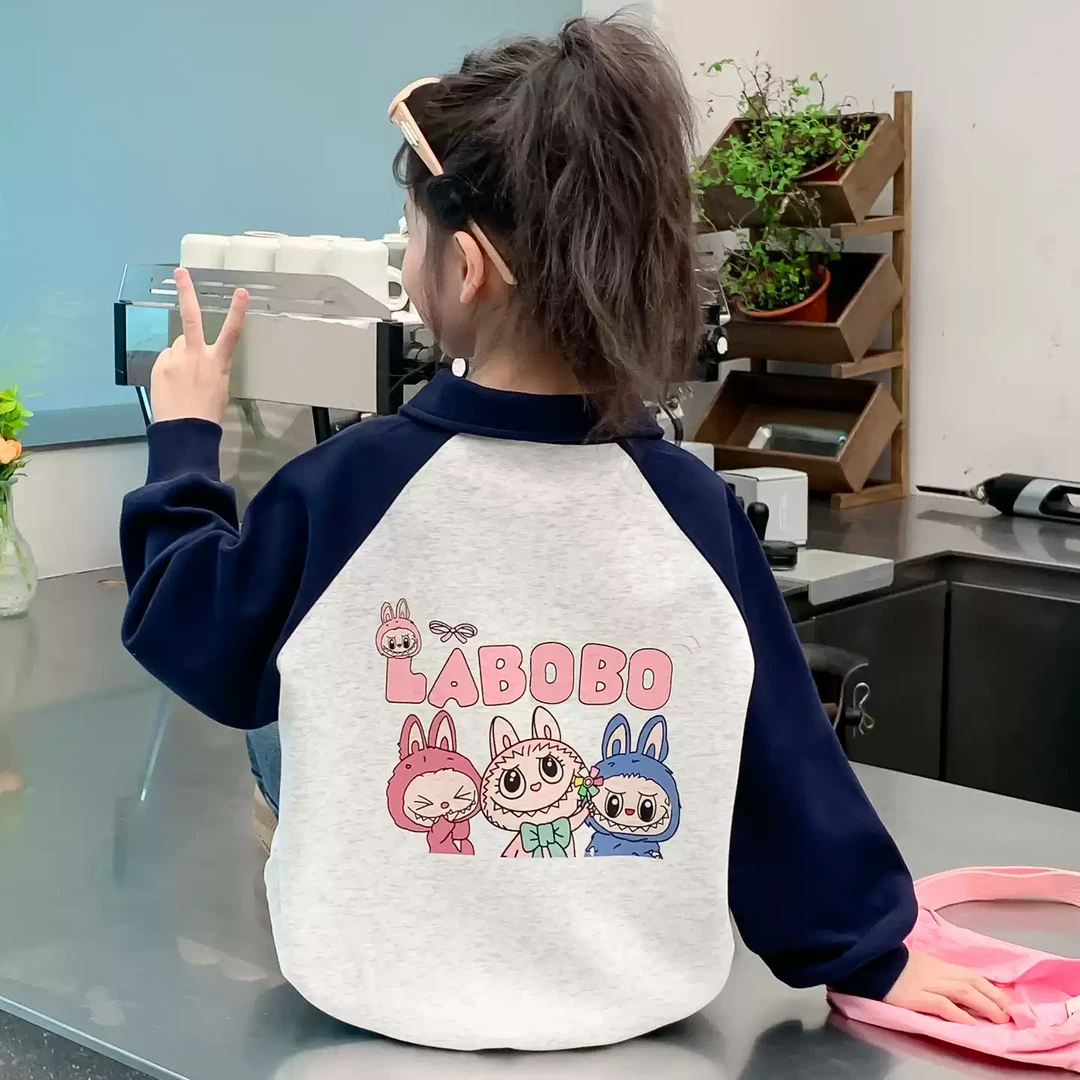 女童秋装卫衣2025新款儿童洋气韩版女孩春秋季POLO领拼色卡通上衣