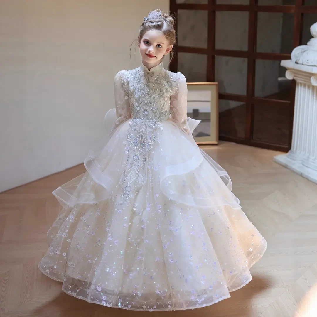 女童主持人晚礼服秋季儿童生日花童婚礼小女孩钢琴演出服高端轻奢