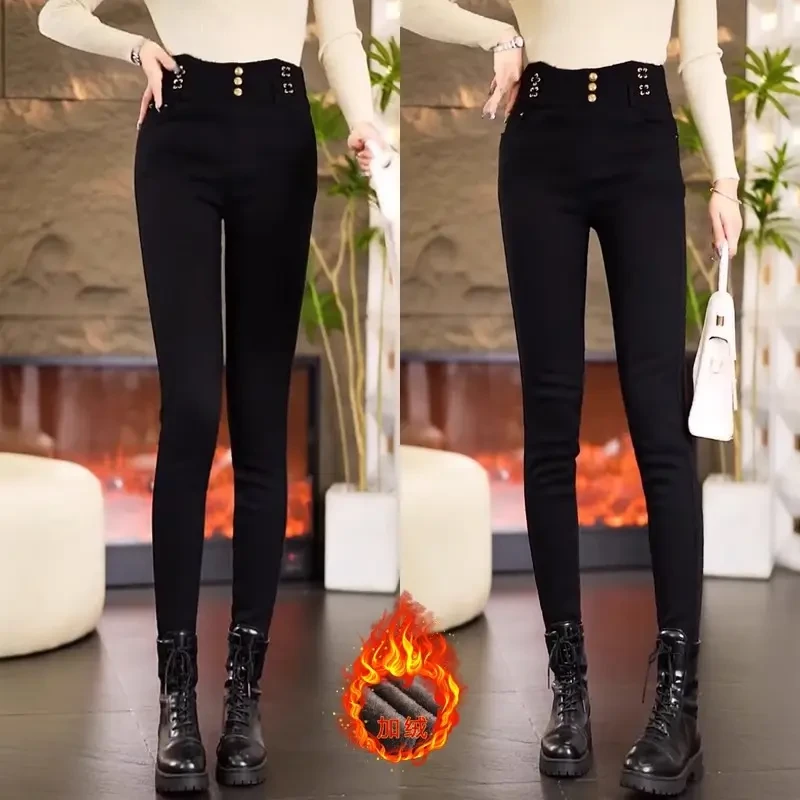 拉夏贝尔加绒外穿打底裤女2025新款秋冬高腰加厚保暖微喇小黑裤子