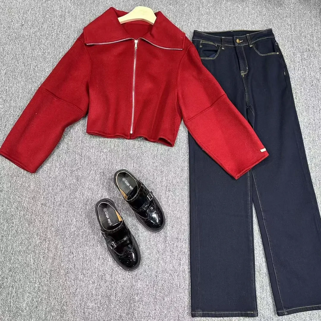 【妙女郎】红色翻领短款双面大衣