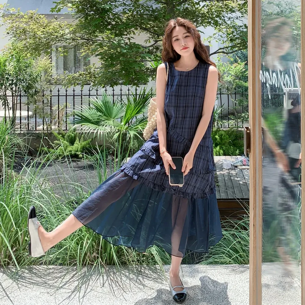 网纱拼接格子无袖连衣裙女2025年夏季新款韩版宽松减龄显瘦背心裙